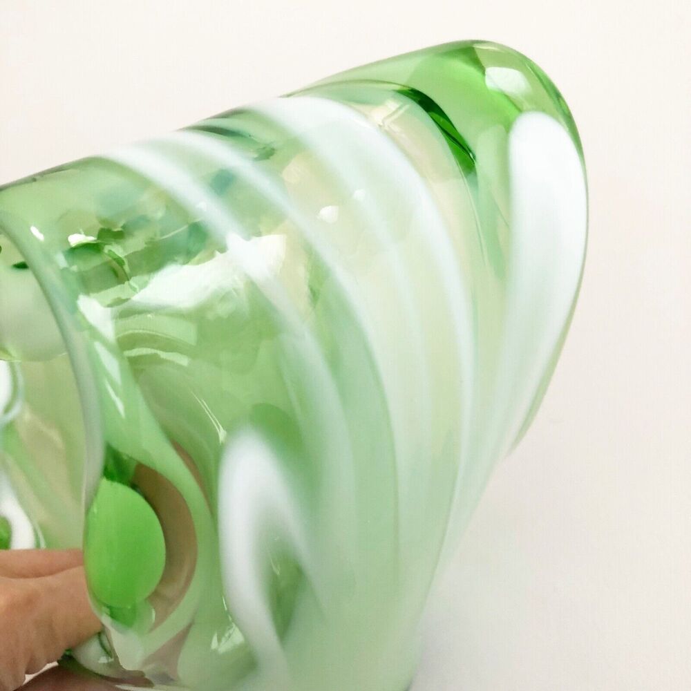 Murano ? Hand Blown Art Glass Milk Green Vessel Console Bowl Wave White Ribbon - Picture 9 of 11